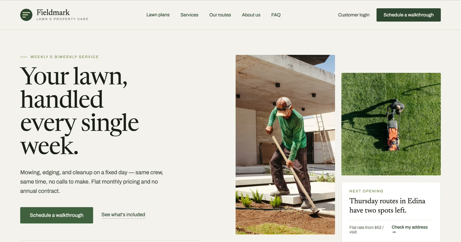 The rebuilt Fieldmark Lawn Care homepage: a clear headline, real crew photos, and one Schedule a walkthrough button